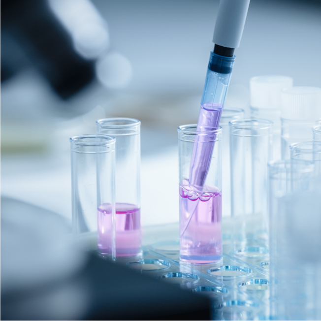 Close-up of pippette squeezing purple solution into glass beaker