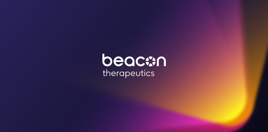 Beacon Therapeutics logo over light spectrum graphic